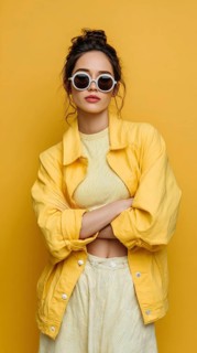 Fashion beautiful lady poses in fashionable modern clothes on yellow background. Model poses