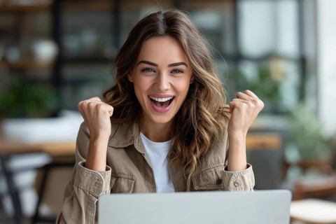 Emotional business woman showing happiness. Concept of winning and achieving corporate goals and
