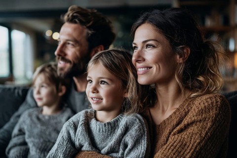 Family with children enjoying home entertainment and watching movie from streaming platform, AI