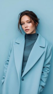 Fashion portrait of young elegant woman in blue coat. on light blue background. Model poses showing