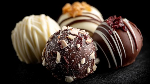 Elegant Dark and White Chocolate Truffles on Black Background. Healthy diet and healthy lifestyle,