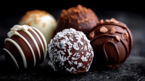 Elegant Dark and White Chocolate Truffles on Black Background. Healthy diet and healthy lifestyle,