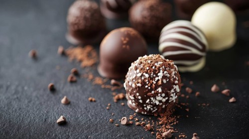 Elegant Dark and White Chocolate Truffles on Black Background. Healthy diet and healthy lifestyle,