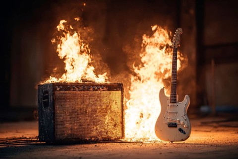Concept of rock and roll and heavy metal music illustrated by burning guitar and amplifier, AI