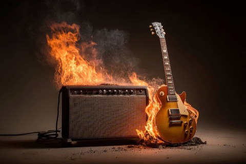 Concept of rock and roll and heavy metal music illustrated by burning guitar and amplifier, AI