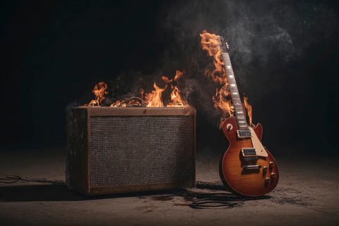 Concept of rock and roll and heavy metal music illustrated by burning guitar and amplifier, AI