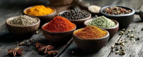 Different spices in bowls on table on rustic dark wooden background. Indian colorful spices for