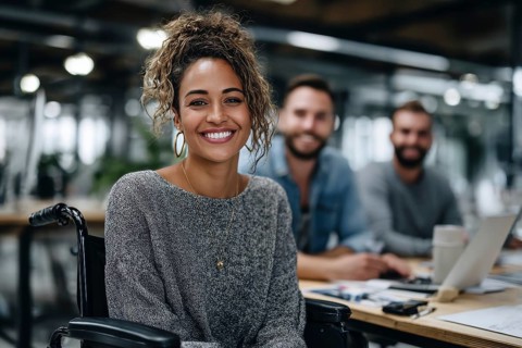 Disabled person in a diverse environment performing work activities in corporate environment, AI