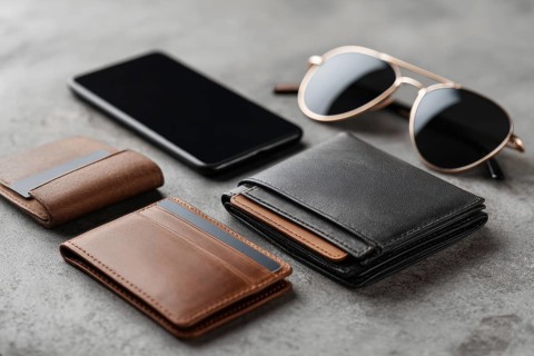 Payment accessories in a flat lay view arranged on a table. Cards, digital wallets and phone