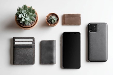 Payment accessories in a flat lay view arranged on a table. Cards, digital wallets and phone
