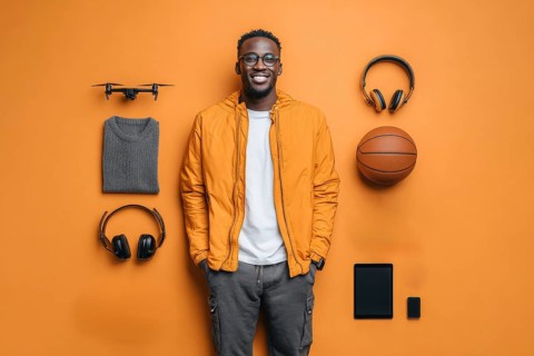Knolling parts, fashionable teenager man. Lifestyle of a creative personality and digital content