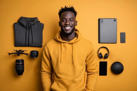 Knolling parts, fashionable teenager man. Lifestyle of a creative personality and digital content