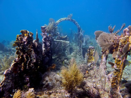 Old shipwreck under water overgrown with coral. Dive site John Pennekamp Coral Reef State Park, Key