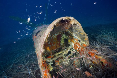 Underwater image of the cockpit of an aircraft wreck on the seabed. Dive site aircraft wreck