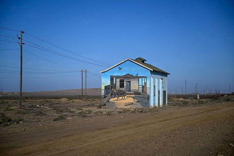Painted house facade, graffito, brown hyena, diamonds, Oranjemund, Karas region, Namibia