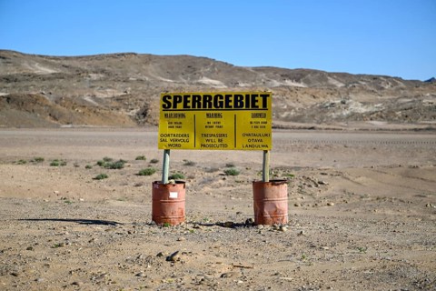Restricted area sign, diamond restricted area, near Oranjemund, Karas region, Namibia