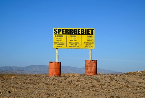 Restricted area sign, diamond restricted area, near Oranjemund, Karas region, Namibia