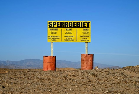 Restricted area sign, diamond restricted area, near Oranjemund, Karas region, Namibia