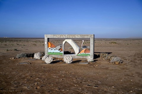 Sign at the entrance to Oranjemund, diamonds, diamond restricted area, Karas region, Namibia