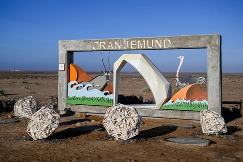 Sign at the entrance to Oranjemund, diamonds, diamond restricted area, Karas region, Namibia