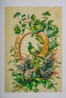 Old postcard and greeting card. Dove in horseshoe oxh flowers