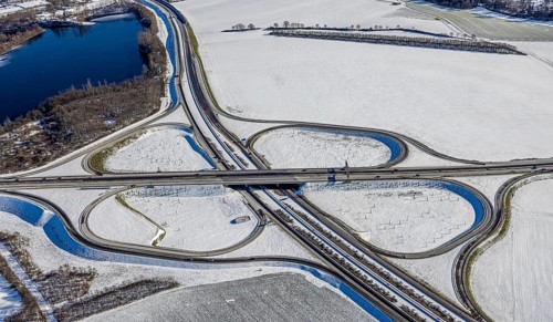 Aerial view, motorway junction Duisburg-Süd, A59 and A524, Huckingen, Duisburg, Ruhr area, North