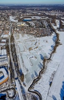 Aerial view, construction area, planned housing estate, Düsseldorfer Landstraße, am Angerbogen, Am