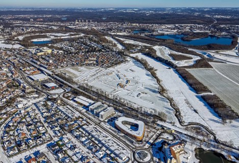 Aerial view, construction area, planned housing estate, Düsseldorfer Landstraße, am Angerbogen, Am