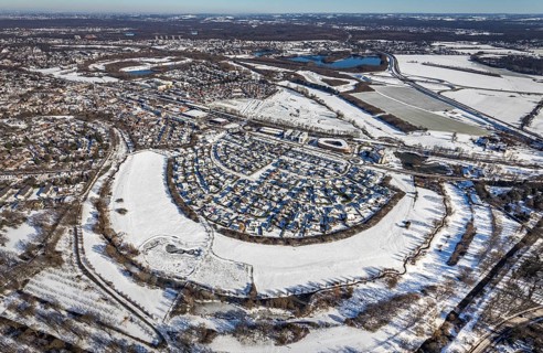 Aerial view, new housing estate Angerbogen, Am Alten Angerbach, construction area planned