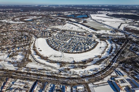 Aerial view, new housing estate Angerbogen, Am Alten Angerbach, construction area planned