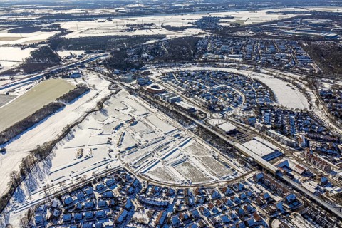 Aerial view, new housing estate Angerbogen, Am Alten Angerbach, construction area planned