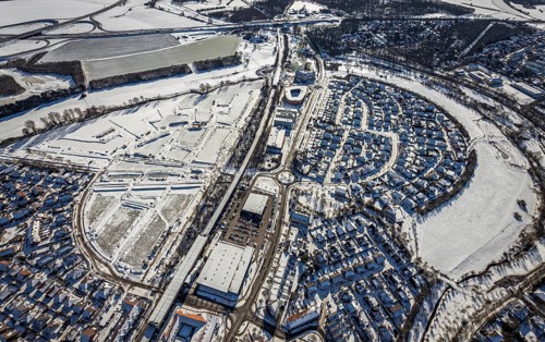 Aerial view, new housing estate Angerbogen, Am Alten Angerbach, construction area planned