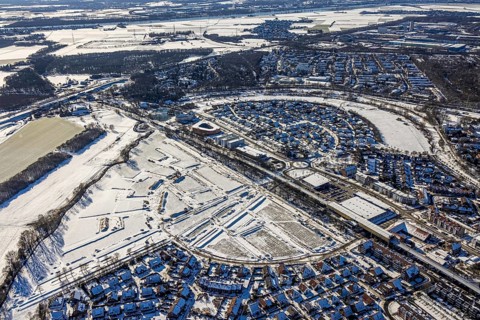 Aerial view, new housing estate Angerbogen, Am Alten Angerbach, construction area planned