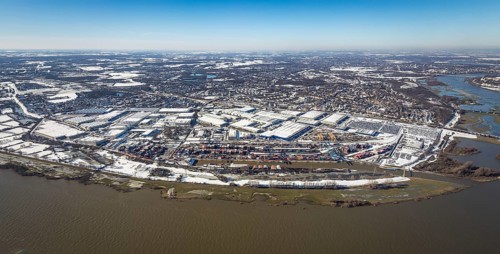 Aerial view, river Ruhr, logport I, terminal, container harbour, DIT Duisburg Intermodal Terminal