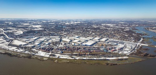Aerial view, river Ruhr, logport I, terminal, container harbour, DIT Duisburg Intermodal Terminal