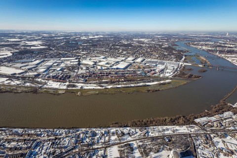 Aerial view, river Ruhr, logport I, terminal, container harbour, DIT Duisburg Intermodal Terminal