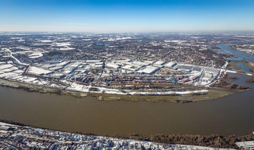 Aerial view, river Ruhr, logport I, terminal, container harbour, DIT Duisburg Intermodal Terminal