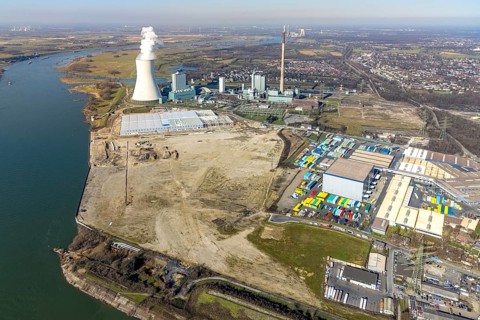 Aerial view, Logport 6, Duisport, near coal-fired power station Steak Walsum, Rhine, Alt-Walsum,
