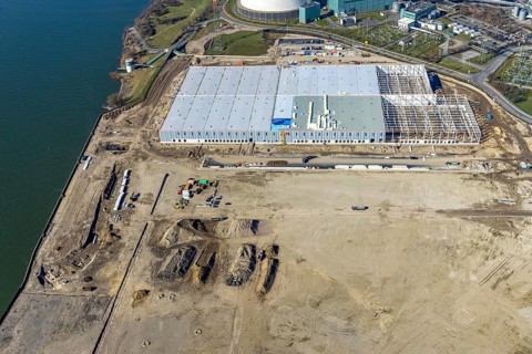 Aerial view, Logport 6, Duisport, near coal-fired power station Steak Walsum, Rhine, Alt-Walsum,