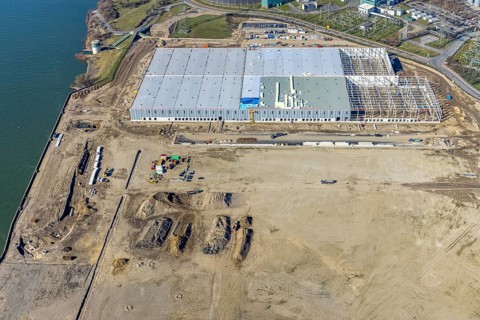 Aerial view, Logport 6, Duisport, near coal-fired power station Steak Walsum, Rhine, Alt-Walsum,