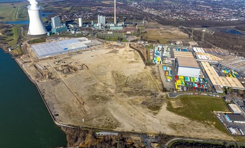Aerial view, Logport 6, Duisport, near coal-fired power station Steak Walsum, Rhine, Alt-Walsum,