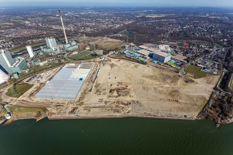 Aerial view, Logport 6, Duisport, near coal-fired power station Steak Walsum, Rhine, Alt-Walsum,