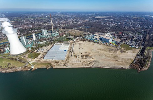 Aerial view, Logport 6, Duisport, near coal-fired power station Steak Walsum, Rhine, Alt-Walsum,