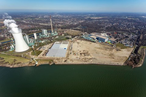 Aerial view, Logport 6, Duisport, near coal-fired power station Steak Walsum, Rhine, Alt-Walsum,