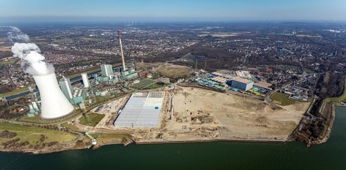 Aerial view, Logport 6, Duisport, near coal-fired power station Steak Walsum, Rhine, Alt-Walsum,