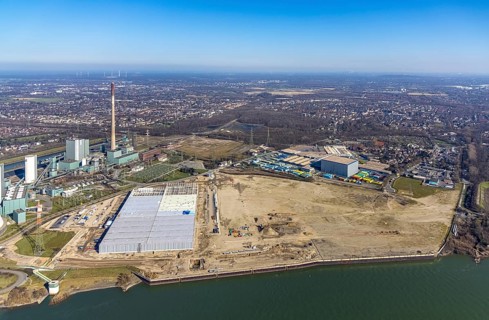 Aerial view, Logport 6, Duisport, near coal-fired power station Steak Walsum, Rhine, Alt-Walsum,