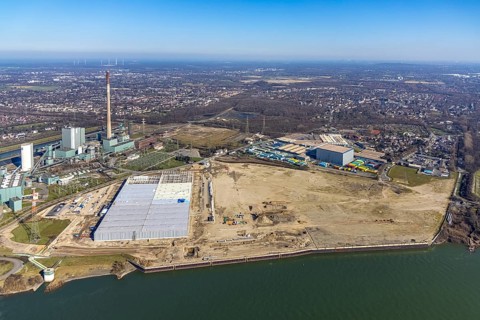 Aerial view, Logport 6, Duisport, near coal-fired power station Steak Walsum, Rhine, Alt-Walsum,
