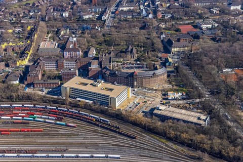 Aerial view, construction site new building and extension of Helios St. Johannes Clinic,