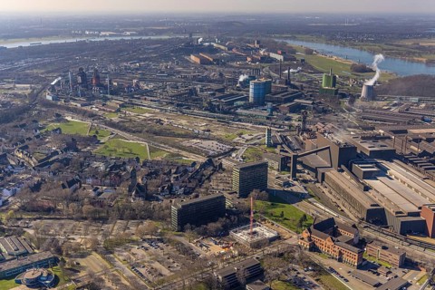 Aerial view, construction site new building on the administration site thyssenkrupp Steel Europe