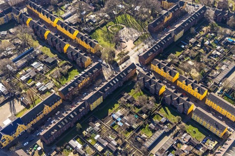 Aerial view, Duisburg Jupp colony, workers' housing estate with terraced houses, Steigerstraße,